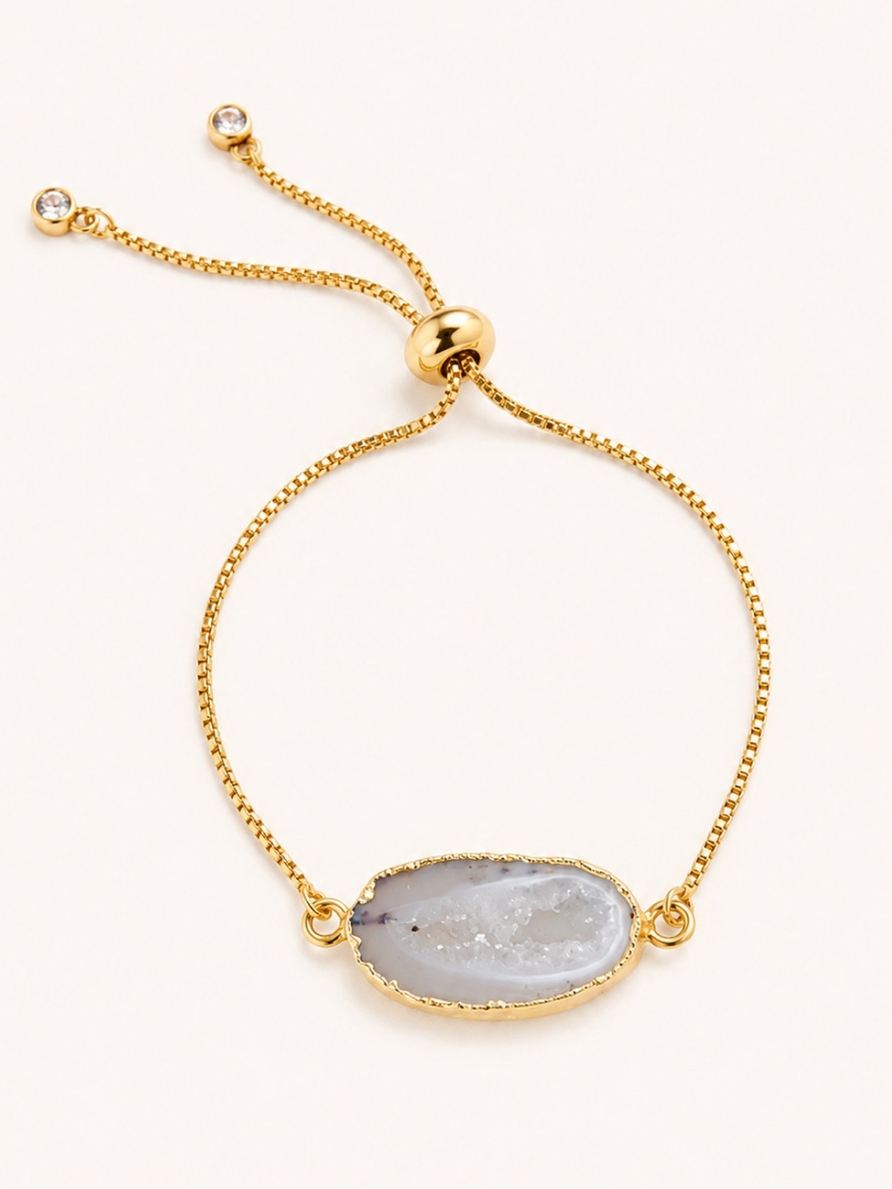 18K Gold Plated Cream Agate Slice CZ Diamonds Slider Bracelet